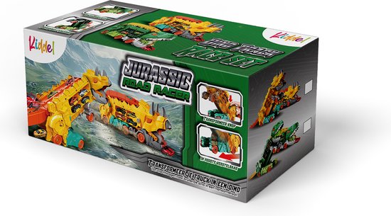 Kiddel XL Dinosaurus race track auto inclusief 4 raceauto's, geel - Uitklapbaar en bestuurbare dino auto / truck - Kinderspeelgoed vanaf 3 jaar - Kiddeltoys