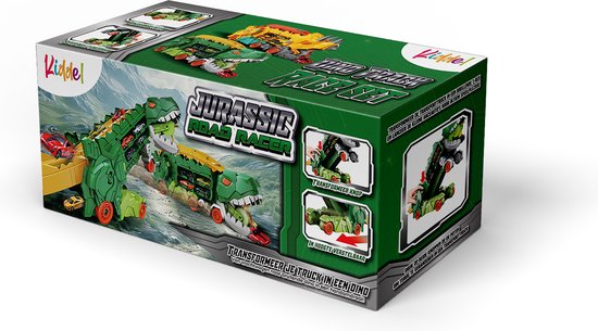 Kiddel XL Dinosaurus race track auto inclusief raceauto's, Groen - Uitklapbaar en bestuurbare dino auto / truck - Kinderspeelgoed vanaf 3 jaar - Kiddeltoys