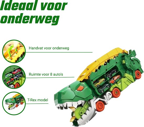 Kiddel XL Dinosaurus race track auto inclusief raceauto's, Groen - Uitklapbaar en bestuurbare dino auto / truck - Kinderspeelgoed vanaf 3 jaar - Kiddeltoys