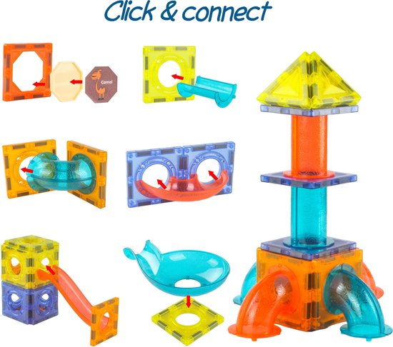 Kiddel XL Magnetische Knikkerbaan interactief DIY Bouwpakket volwassenen 96 stuks - Educatief Speelgoed montessori voor Kinderen kinderspeelgoed met knikkers - Magnetic Tiles - Constructie Speelgoed - Magnetische Tegels - Montessori Speelgoed - Kiddeltoys