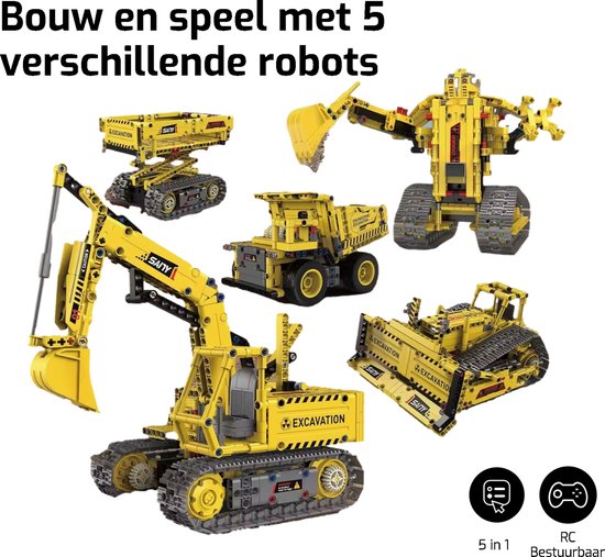 Kiddel XL 5 in 1 RC bestuurbare robot bouwpakket - bouwvoertuigen, vrachtwagen, bulldozer met 555 onderdelen - Bouwpakket voor kinderen en volwassenen educatief speelgoed - Kiddeltoys