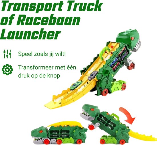 Kiddel XL Dinosaurus race track auto inclusief raceauto's, Groen - Uitklapbaar en bestuurbare dino auto / truck - Kinderspeelgoed vanaf 3 jaar - Kiddeltoys