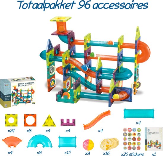 Kiddel XL Magnetische Knikkerbaan interactief DIY Bouwpakket volwassenen 96 stuks - Educatief Speelgoed montessori voor Kinderen kinderspeelgoed met knikkers - Magnetic Tiles - Constructie Speelgoed - Magnetische Tegels - Montessori Speelgoed - Kiddeltoys