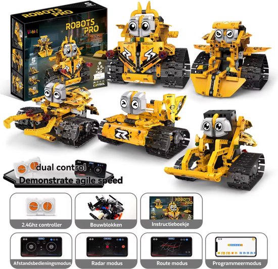 Kiddel Compacte 5-in-1 RC Bestuurbare Robot Bouwvoertuigen bouwpakket Set – 269 Onderdelen - Bouwpakket voor kinderen & volwassenen - Kinderspeelgoed vanaf 5 jaar - Kiddeltoys