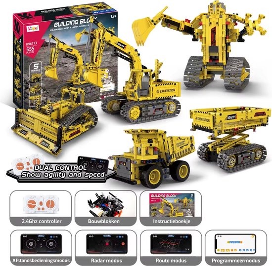 Kiddel XL 5 in 1 RC bestuurbare robot bouwpakket - bouwvoertuigen, vrachtwagen, bulldozer met 555 onderdelen - Bouwpakket voor kinderen en volwassenen educatief speelgoed - Kiddeltoys