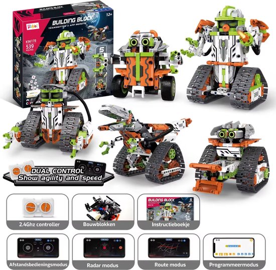 Kiddel 5 in 1 XL elektrische robot bouwpakket inclusief afstandsbediening & mobiele app. 593 onderdelen RC bestuurebare auto / robot bouwpakket volwassenen & kinderen educatief speelgoed - Kiddeltoys