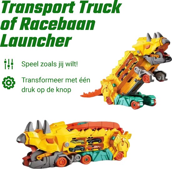 Kiddel XL Dinosaurus race track auto inclusief 4 raceauto's, geel - Uitklapbaar en bestuurbare dino auto / truck - Kinderspeelgoed vanaf 3 jaar - Kiddeltoys