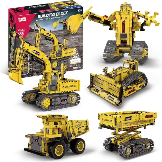 Kiddel XL 5 in 1 RC bestuurbare robot bouwpakket - bouwvoertuigen, vrachtwagen, bulldozer met 555 onderdelen - Bouwpakket voor kinderen en volwassenen educatief speelgoed - Kiddeltoys