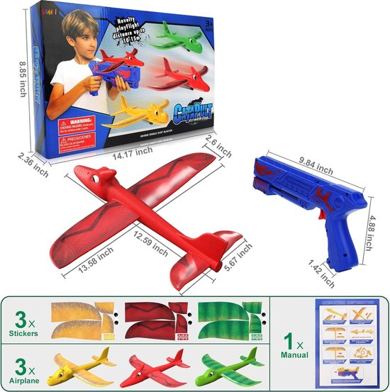 Kiddel 3-in-1 Vliegtuig Launcher Set – Foam Dinosaurus Vliegtuigen met Pistool – Kinderspeelgoed voor Buiten vanaf 4 Jaar – Veilig & Actief Buitenspeelgoed - Kiddeltoys