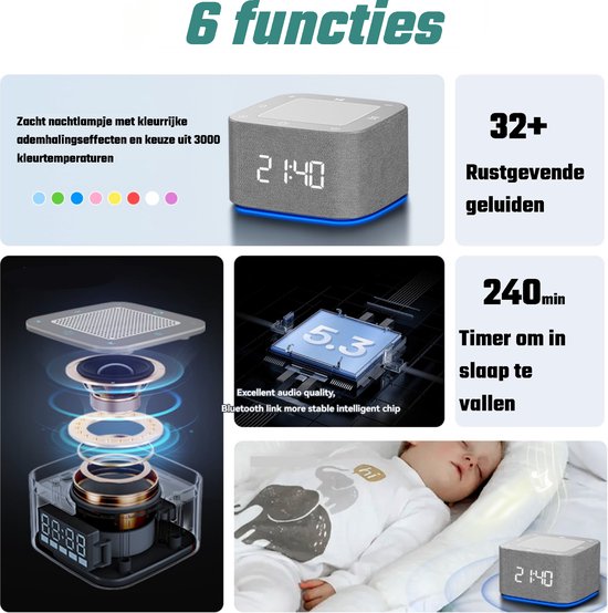 Kiddel 2-1 Alarm Wekkerradio Slaaptrainer met White Noise Geluiden en LED verlichting – Slaap trainer Voor Volwassenen en Kinderen -witte ruis digitale wekker - Kiddeltoys