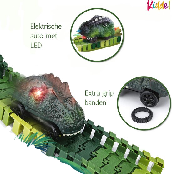 XL Dinosaurus Racebaan met auto - 183-Delig, Elektrische Dino Karts auto met LED, Uitbreidbaar & Flexibel Ontwerp met accesoires / bouwset 3 jaar 4 jaar dinosaurus speelgoed cadeau - Kiddeltoys