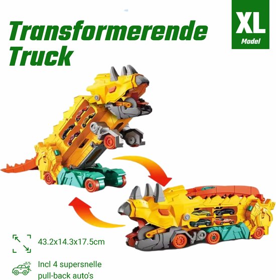 Kiddel XL Dinosaurus race track auto inclusief 4 raceauto's, geel - Uitklapbaar en bestuurbare dino auto / truck - Kinderspeelgoed vanaf 3 jaar - Kiddeltoys