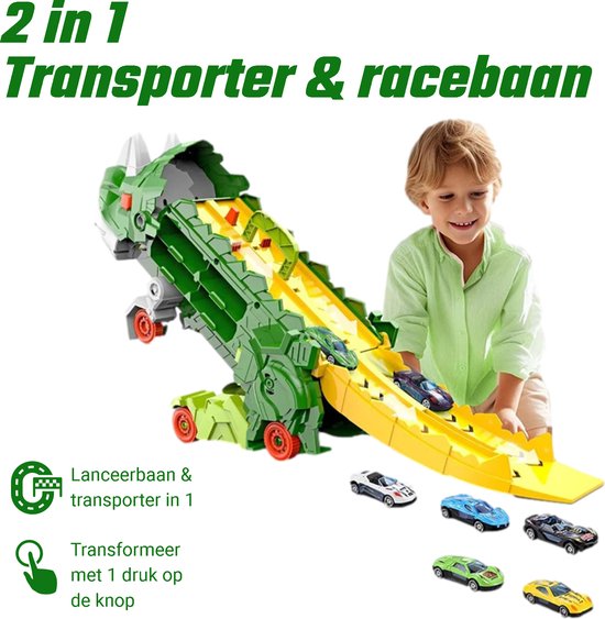 Kiddel XL Dinosaurus race track auto inclusief 4 raceauto's, geel - Uitklapbaar en bestuurbare dino auto / truck - Kinderspeelgoed vanaf 3 jaar - Kiddeltoys