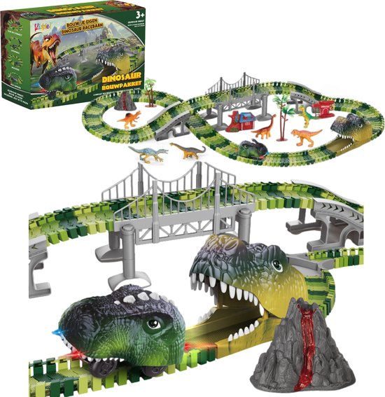 XL Dinosaurus Racebaan met auto - 183-Delig, Elektrische Dino Karts auto met LED, Uitbreidbaar & Flexibel Ontwerp met accesoires / bouwset 3 jaar 4 jaar dinosaurus speelgoed cadeau - Kiddeltoys
