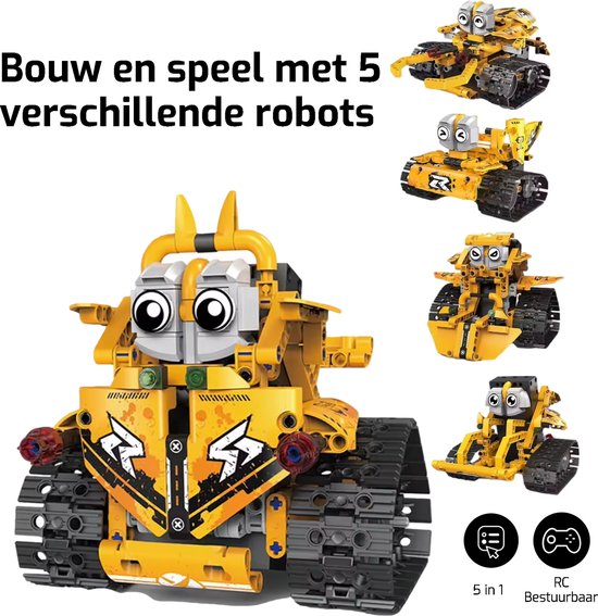 Kiddel Compacte 5-in-1 RC Bestuurbare Robot Bouwvoertuigen bouwpakket Set – 269 Onderdelen - Bouwpakket voor kinderen & volwassenen - Kinderspeelgoed vanaf 5 jaar - Kiddeltoys