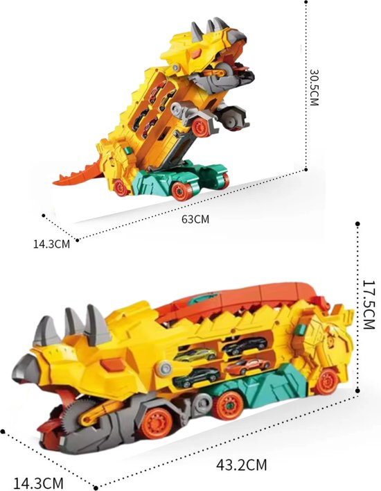 Kiddel XL Dinosaurus race track auto inclusief 4 raceauto's, geel - Uitklapbaar en bestuurbare dino auto / truck - Kinderspeelgoed vanaf 3 jaar - Kiddeltoys