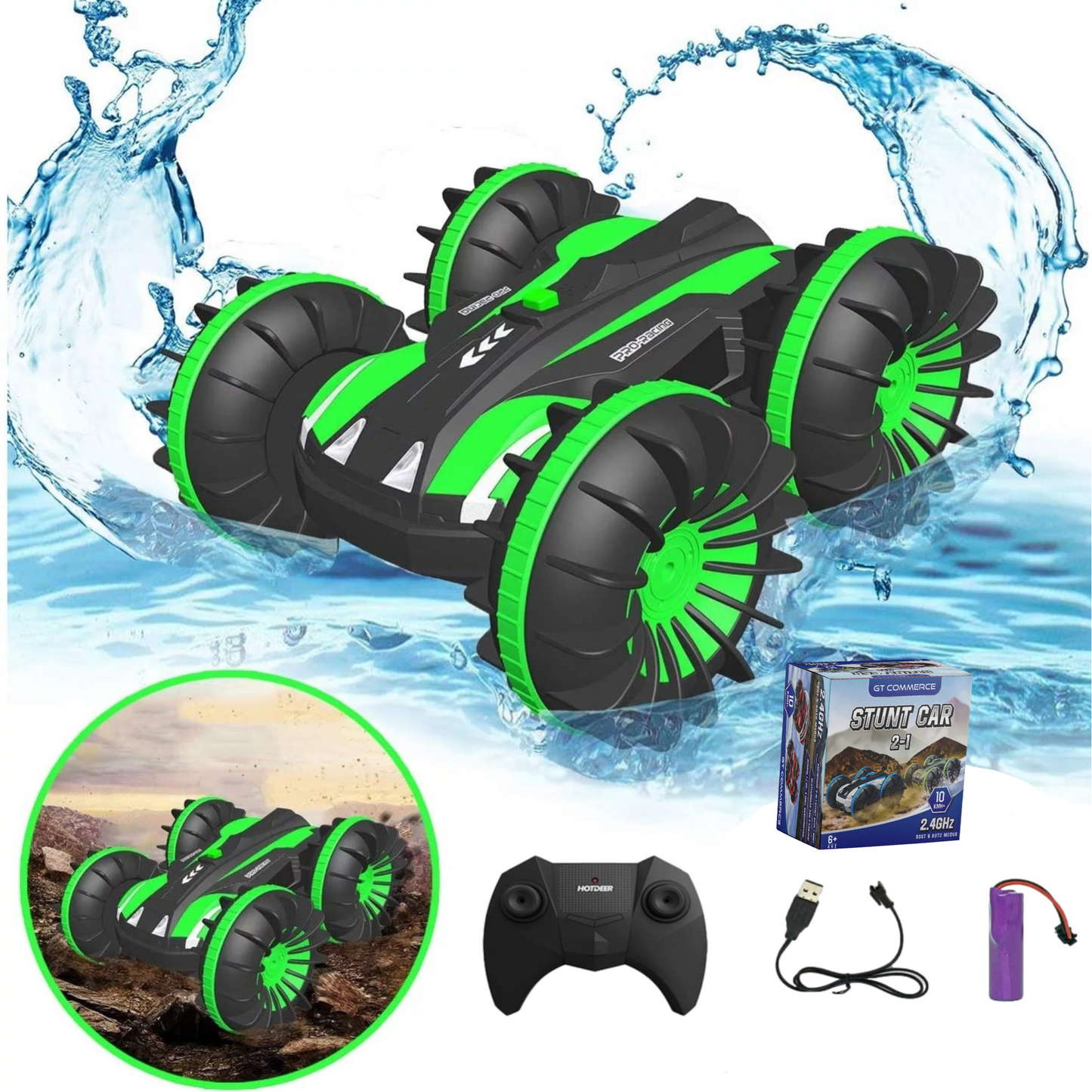 RC Bestuurbare auto / boot - Geschikt voor offroad, water & sneeuw groen - Kinderen / Volwassenen speelgoed stunt RC car / stuntauto 2021 TikTok - Kiddeltoys