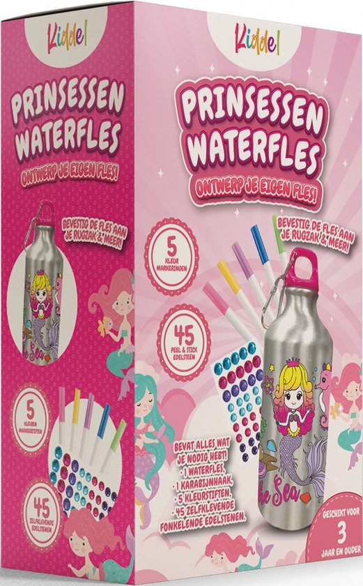 Kiddel Prinsessen DIY Waterfles Kind – Inkleurbare Drinkfles met Stiften & Stickers – Creatieve BPA-vrije Herbruikbare Fles – Knutselcadeau Meisjes vanaf 3 Jaar – RVS Lekvrije Drinkfles - Kiddeltoys