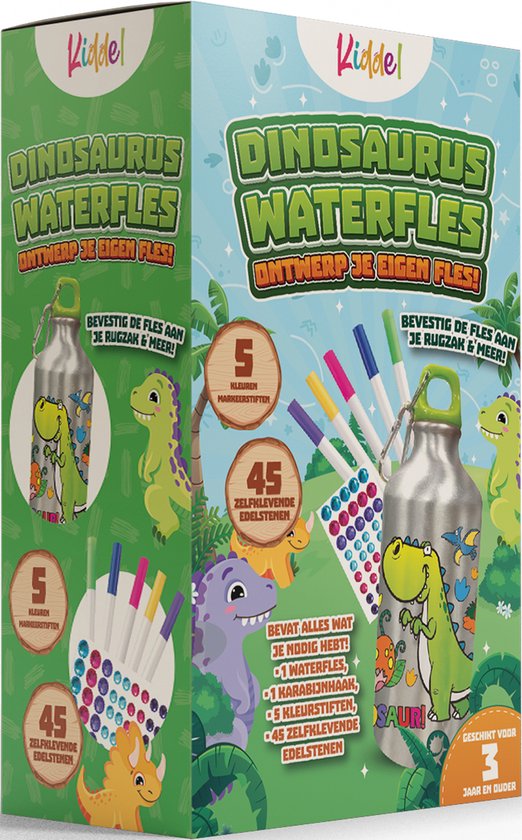Kiddel Dinosaurus DIY Waterfles Kind – Inkleurbare Drinkfles met Stiften & Stickers – Creatieve BPA-vrije RVS Fles – Herbruikbaar Knutselcadeau voor Jongens & Meisjes vanaf 3 Jaar - Kiddeltoys