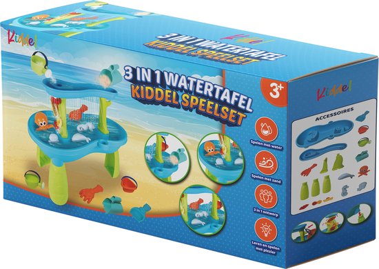 Kiddel 3-in-1 Watertafel, Zandtafel & Speeltafel – Inclusief Accessoires – Educatief Buitenspeelgoed voor Kinderen – Zomer Speelgoed voor Jongens & Meisjes vanaf 3 Jaar - Kiddeltoys