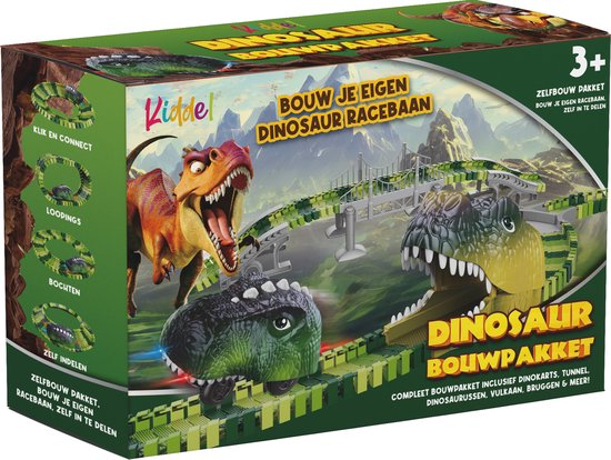 XL Dinosaurus Racebaan met auto - 183-Delig, Elektrische Dino Karts auto met LED, Uitbreidbaar & Flexibel Ontwerp met accesoires / bouwset 3 jaar 4 jaar dinosaurus speelgoed cadeau - Kiddeltoys