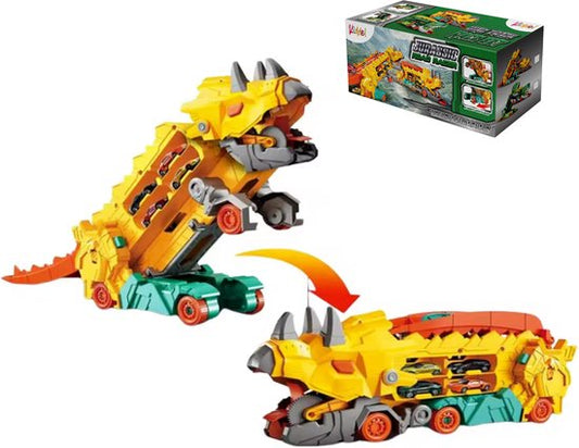 Kiddel XL Dinosaurus race track auto inclusief 4 raceauto's, geel - Uitklapbaar en bestuurbare dino auto / truck - Kinderspeelgoed vanaf 3 jaar - Kiddeltoys