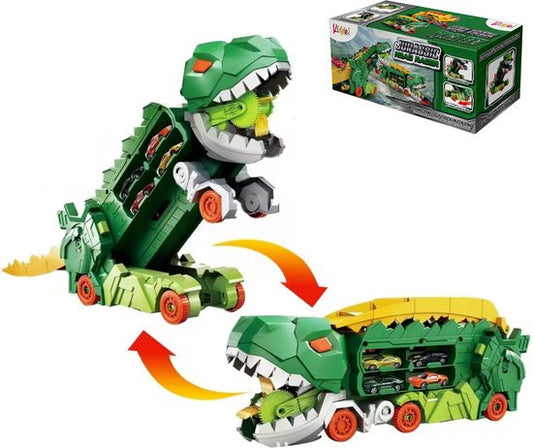 Kiddel XL Dinosaurus race track auto inclusief raceauto's, Groen - Uitklapbaar en bestuurbare dino auto / truck - Kinderspeelgoed vanaf 3 jaar - Kiddeltoys