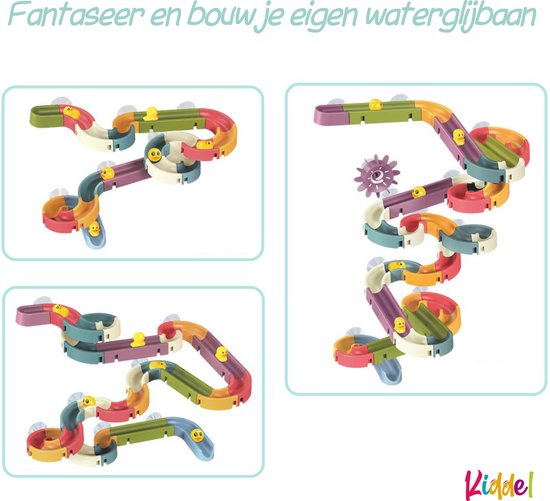 Kiddel XL Waterbaan & Glijbaan Badset – 66-delige DIY Waterbaan met Eendjes & Watermolens – Montessori Badspeelgoed voor Kinderen vanaf 3 Jaar – Bouwset voor Badkamer, Douche & Bad - Kiddeltoys