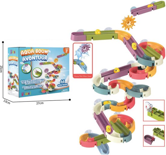 Kiddel XL Waterbaan & Glijbaan Badset – 66-delige DIY Waterbaan met Eendjes & Watermolens – Montessori Badspeelgoed voor Kinderen vanaf 3 Jaar – Bouwset voor Badkamer, Douche & Bad - Kiddeltoys