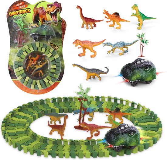 XL Dinosaurus auto Race Baan - Uitbreidingsset Elektrische Dino Karts met LED, 73 onderdelenUitbreidbaar & Flexibel Ontwerp met accesoires bouwsets kinderen 3 jaar 4 jaar trein - Kiddeltoys