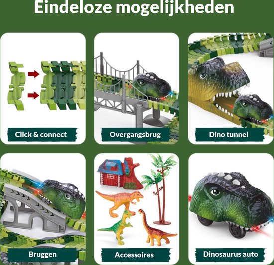 XL Dinosaurus Racebaan met auto - 183-Delig, Elektrische Dino Karts auto met LED, Uitbreidbaar & Flexibel Ontwerp met accesoires / bouwset 3 jaar 4 jaar dinosaurus speelgoed cadeau - Kiddeltoys