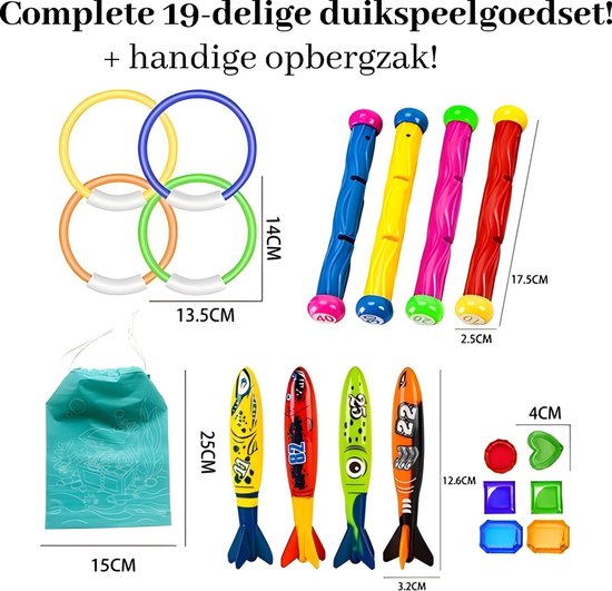 Kiddel 19-delige Duikspeelgoedset voor Zwembad – Incl. Opbergzak – Duikringen, Torpedo’s, Diamanten – Zwemspeelgoed Kinderen vanaf 5 Jaar – Waterpret 2025 - Kiddeltoys