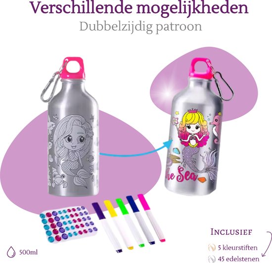 Kiddel Prinsessen DIY Waterfles Kind – Inkleurbare Drinkfles met Stiften & Stickers – Creatieve BPA-vrije Herbruikbare Fles – Knutselcadeau Meisjes vanaf 3 Jaar – RVS Lekvrije Drinkfles - Kiddeltoys