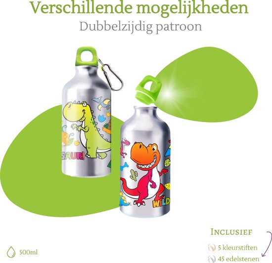 Kiddel Dinosaurus DIY Waterfles Kind – Inkleurbare Drinkfles met Stiften & Stickers – Creatieve BPA-vrije RVS Fles – Herbruikbaar Knutselcadeau voor Jongens & Meisjes vanaf 3 Jaar - Kiddeltoys