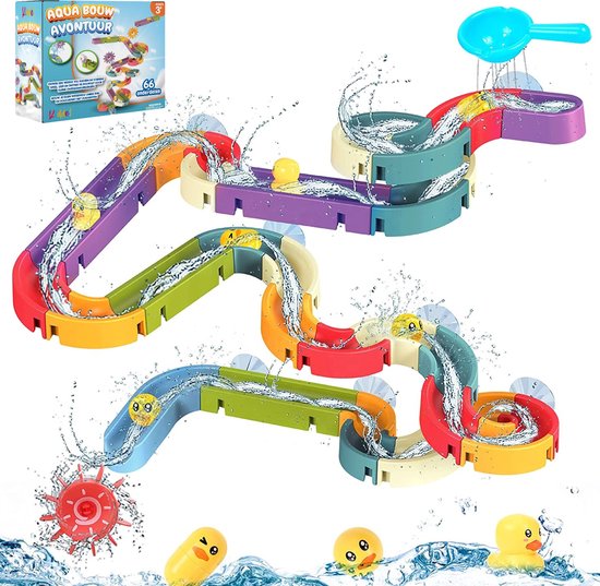 Kiddel XL Waterbaan & Glijbaan Badset – 66-delige DIY Waterbaan met Eendjes & Watermolens – Montessori Badspeelgoed voor Kinderen vanaf 3 Jaar – Bouwset voor Badkamer, Douche & Bad - Kiddeltoys