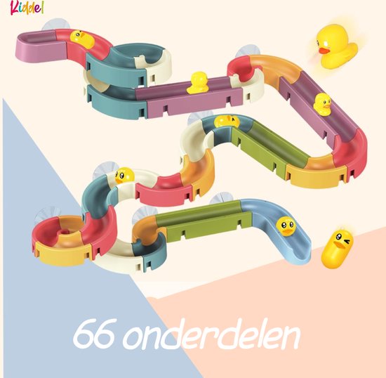 Kiddel XL Waterbaan & Glijbaan Badset – 66-delige DIY Waterbaan met Eendjes & Watermolens – Montessori Badspeelgoed voor Kinderen vanaf 3 Jaar – Bouwset voor Badkamer, Douche & Bad - Kiddeltoys