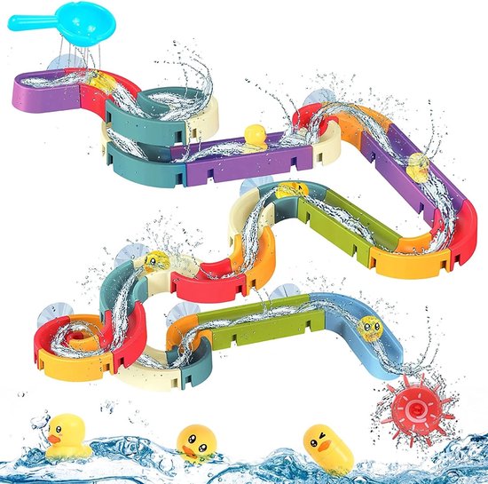 Kiddel XL Waterbaan & Glijbaan Badset – 66-delige DIY Waterbaan met Eendjes & Watermolens – Montessori Badspeelgoed voor Kinderen vanaf 3 Jaar – Bouwset voor Badkamer, Douche & Bad - Kiddeltoys