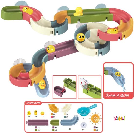 Kiddel XL Waterbaan & Glijbaan Badset – 66-delige DIY Waterbaan met Eendjes & Watermolens – Montessori Badspeelgoed voor Kinderen vanaf 3 Jaar – Bouwset voor Badkamer, Douche & Bad - Kiddeltoys