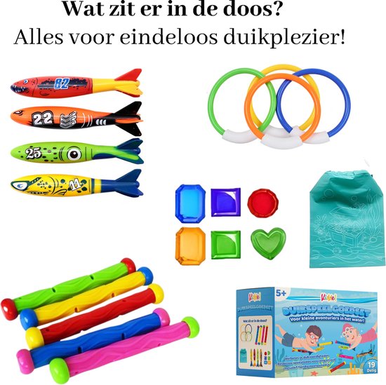 Kiddel 19-delige Duikspeelgoedset voor Zwembad – Incl. Opbergzak – Duikringen, Torpedo’s, Diamanten – Zwemspeelgoed Kinderen vanaf 5 Jaar – Waterpret 2025 - Kiddeltoys