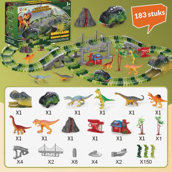 XL Dinosaurus Racebaan met auto - 183-Delig, Elektrische Dino Karts auto met LED, Uitbreidbaar & Flexibel Ontwerp met accesoires / bouwset 3 jaar 4 jaar dinosaurus speelgoed cadeau - Kiddeltoys