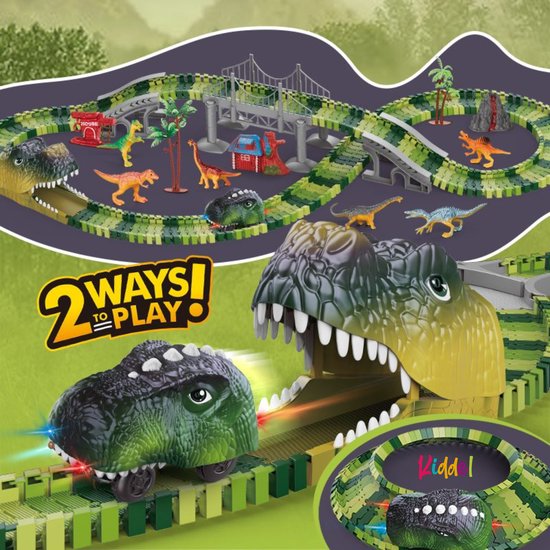 XL Dinosaurus Racebaan met auto - 183-Delig, Elektrische Dino Karts auto met LED, Uitbreidbaar & Flexibel Ontwerp met accesoires / bouwset 3 jaar 4 jaar dinosaurus speelgoed cadeau - Kiddeltoys