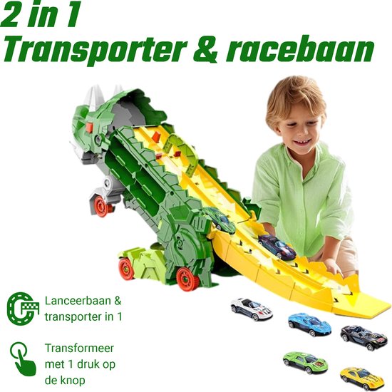 Kiddel XL Dinosaurus race track auto inclusief raceauto's, Groen - Uitklapbaar en bestuurbare dino auto / truck - Kinderspeelgoed vanaf 3 jaar - Kiddeltoys