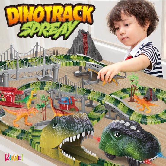 XL Dinosaurus auto Race Baan - Uitbreidingsset Elektrische Dino Karts met LED, 73 onderdelenUitbreidbaar & Flexibel Ontwerp met accesoires bouwsets kinderen 3 jaar 4 jaar trein - Kiddeltoys