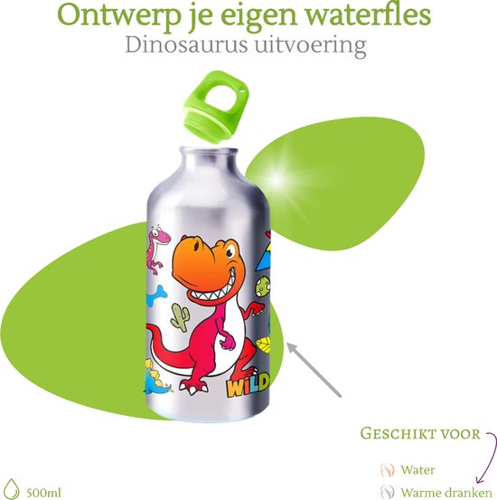 Kiddel Dinosaurus DIY Waterfles Kind – Inkleurbare Drinkfles met Stiften & Stickers – Creatieve BPA-vrije RVS Fles – Herbruikbaar Knutselcadeau voor Jongens & Meisjes vanaf 3 Jaar - Kiddeltoys
