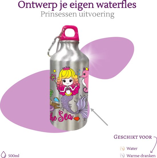 Kiddel Prinsessen DIY Waterfles Kind – Inkleurbare Drinkfles met Stiften & Stickers – Creatieve BPA-vrije Herbruikbare Fles – Knutselcadeau Meisjes vanaf 3 Jaar – RVS Lekvrije Drinkfles - Kiddeltoys