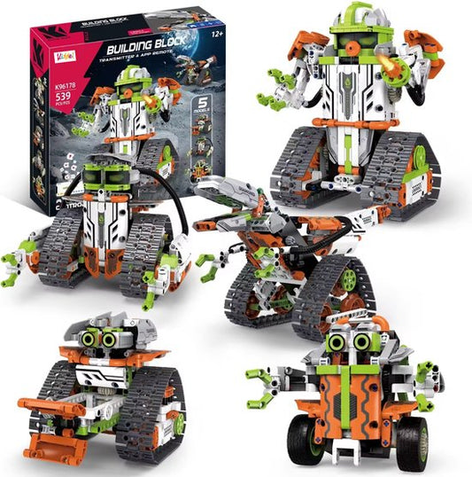 Kiddel 5 in 1 XL elektrische robot bouwpakket inclusief afstandsbediening & mobiele app. 593 onderdelen RC bestuurebare auto / robot bouwpakket volwassenen & kinderen educatief speelgoed - Kiddeltoys