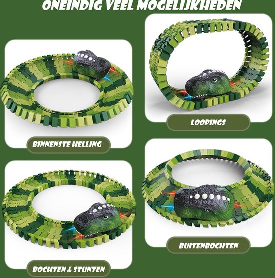 XL Dinosaurus auto Race Baan - Uitbreidingsset Elektrische Dino Karts met LED, 73 onderdelenUitbreidbaar & Flexibel Ontwerp met accesoires bouwsets kinderen 3 jaar 4 jaar trein - Kiddeltoys