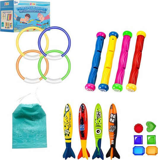 Kiddel 19-delige Duikspeelgoedset voor Zwembad – Incl. Opbergzak – Duikringen, Torpedo’s, Diamanten – Zwemspeelgoed Kinderen vanaf 5 Jaar – Waterpret 2025 - Kiddeltoys