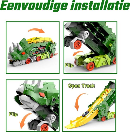 Kiddel XL Dinosaurus race track auto inclusief raceauto's, Groen - Uitklapbaar en bestuurbare dino auto / truck - Kinderspeelgoed vanaf 3 jaar - Kiddeltoys