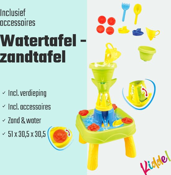 Kiddel 2-in-1 Watertafel & Zandtafel – Educatief Speelgoed voor Binnen & Buiten – Speeltafel met 18 Accessoires – Zomers Kinderspeelgoed voor Jongens & Meisjes vanaf 3 Jaar - Kiddeltoys